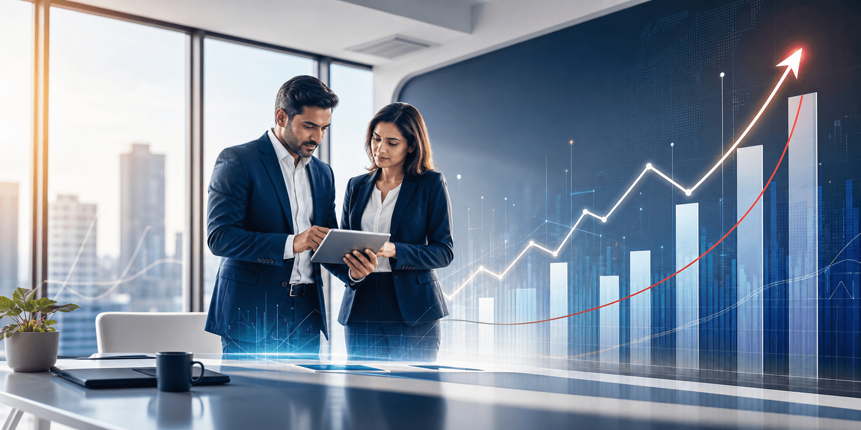 Business advisors reviewing growth metrics with an upward trajectory chart